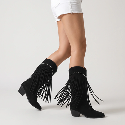 Yehaw BELLA black vegan leather mid-calf cowgirl boots with pointed toe, fringe detail, and silver stud accents.