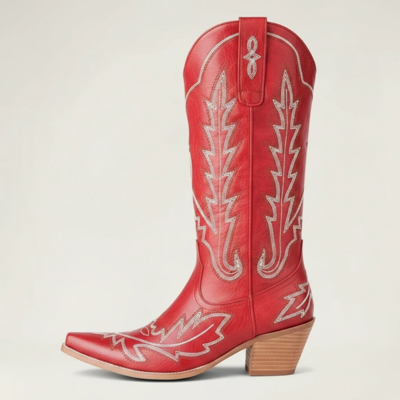 Yehaw SALLY red vegan leather mid-calf cowgirl boots with white western stitching and a square toe design.