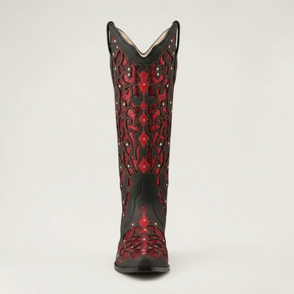 Yehaw Bernarda mid-calf cowgirl boots in black vegan leather with red glitter embroidery and pointed toe design