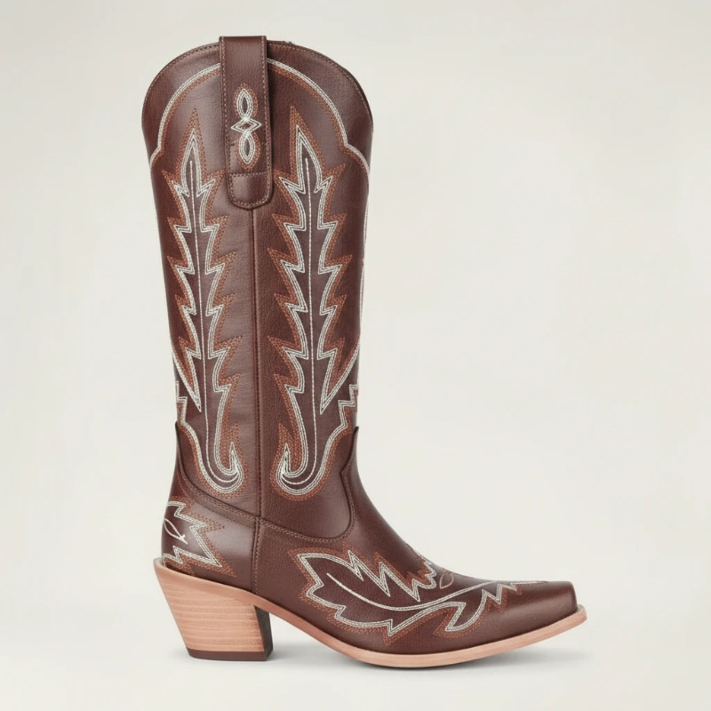 Yehaw SALLY brown vegan leather mid-calf cowgirl boots with white western stitching and a square toe