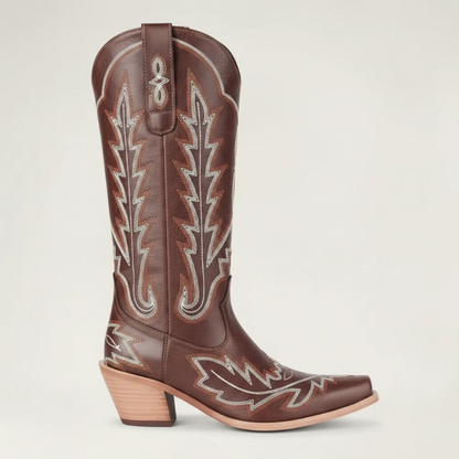 Yehaw SALLY brown vegan leather mid-calf cowgirl boots with white western stitching and a square toe