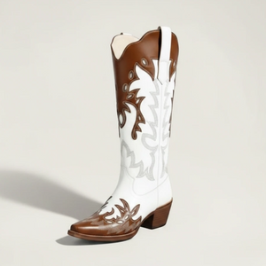 Yehaw PEARL mid-calf cowgirl boots in white and brown vegan leather with pointed toe and western embroidery