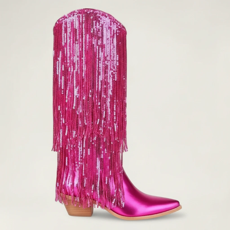 Yehaw pink metallic vegan leather cowgirl boots with long sequin fringe and a pointed toe.