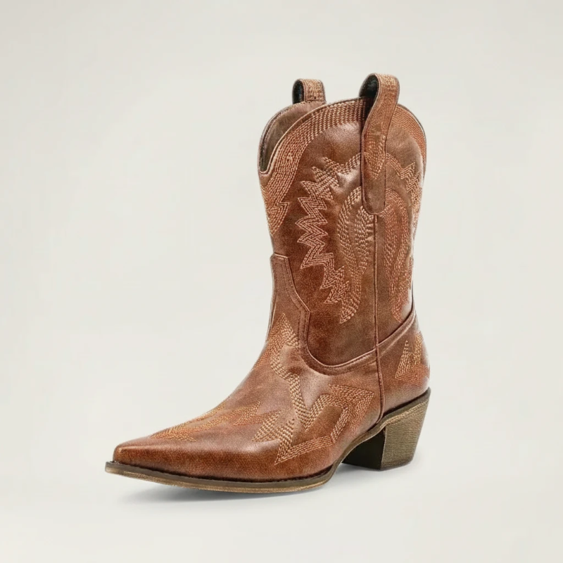 Yehaw brown vegan leather ankle cowboy boots with pointed toe, high heel, and decorative western stitching