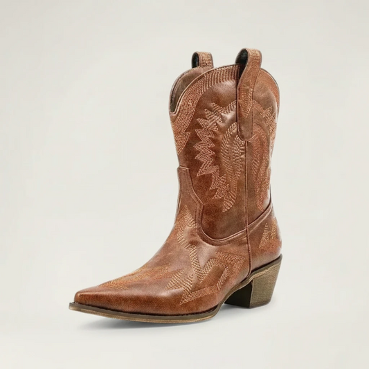 Yehaw brown vegan leather ankle cowboy boots with pointed toe, high heel, and decorative western stitching