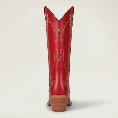 Yehaw red vegan leather mid-calf cowgirl boots with pointed toe and white stitching detail.