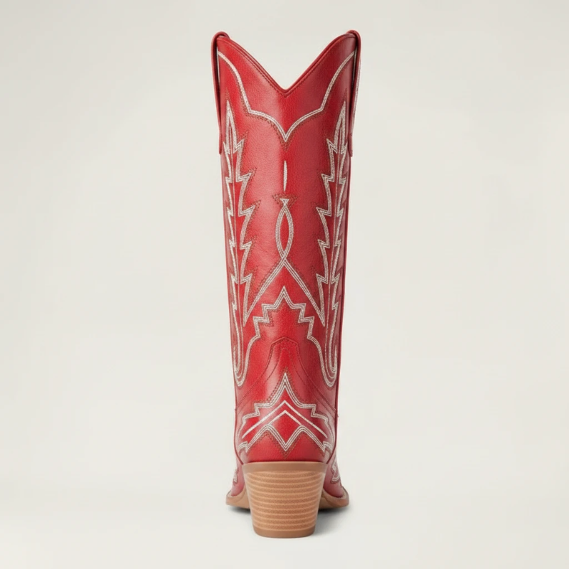 Yehaw SALLY red vegan leather mid-calf cowgirl boots with white western stitching and a square toe design.