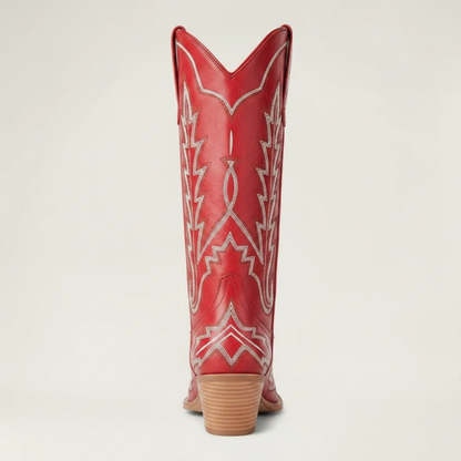 Yehaw SALLY red vegan leather mid-calf cowgirl boots with white western stitching and a square toe design.