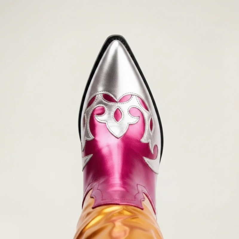 Yehaw DIANA mid-calf cowgirl boots in metallic gold and pink vegan microfibre with a pointed toe and western stitching.