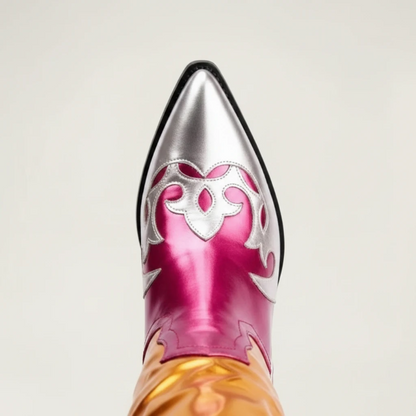 Yehaw DIANA mid-calf cowgirl boots in metallic gold and pink vegan microfibre with a pointed toe and western stitching.
