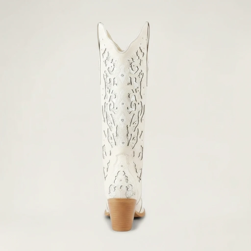 Yehaw BERNARDA beige vegan leather mid-calf cowgirl boots with silver glitter cutout details and a pointed toe.
