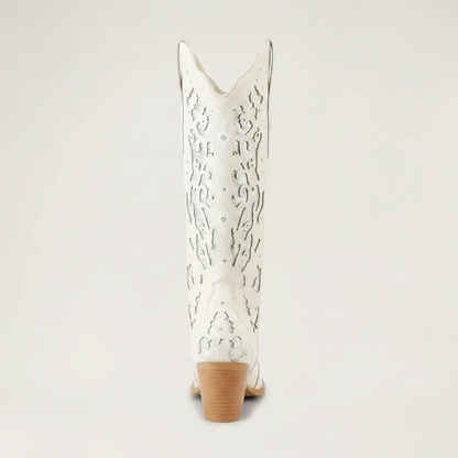 Yehaw BERNARDA beige vegan leather mid-calf cowgirl boots with silver glitter cutout details and a pointed toe.
