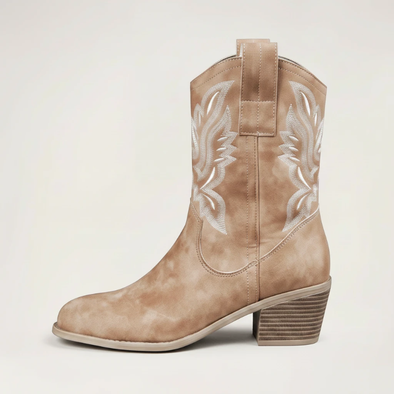 Yehaw BARBARA brown vegan suede ankle cowboy boots with white western embroidery and a medium block heel