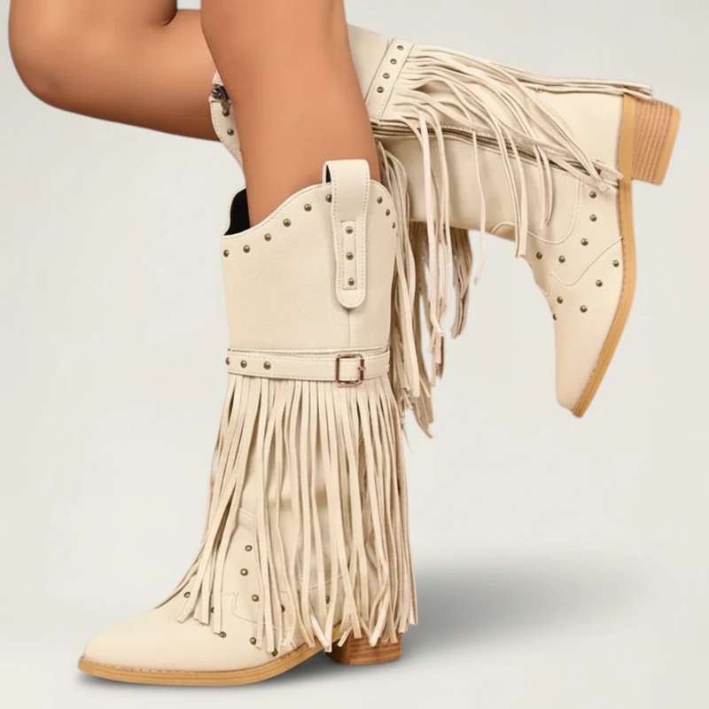 Yehaw beige vegan leather mid-calf cowgirl boots with fringe detailing, round toe, and side zip closure.