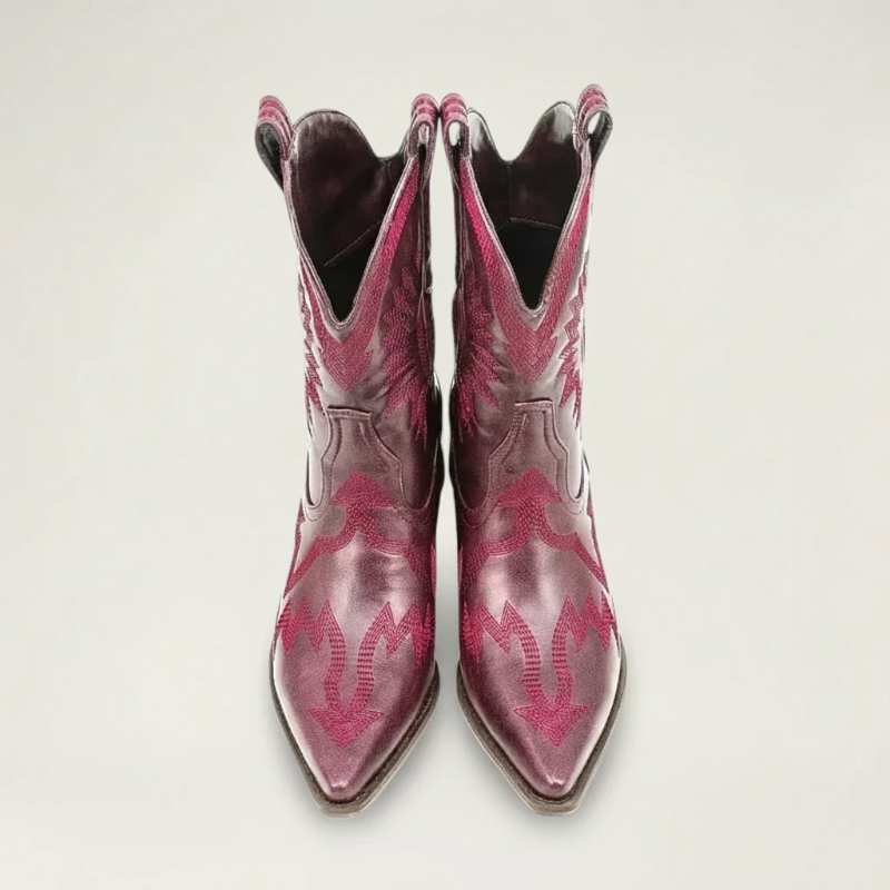 Yehaw CAMILA red vegan leather ankle cowgirl boots with pointed toe and decorative western stitching
