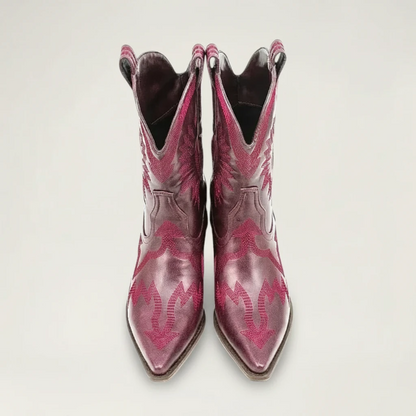 Yehaw CAMILA red vegan leather ankle cowgirl boots with pointed toe and decorative western stitching
