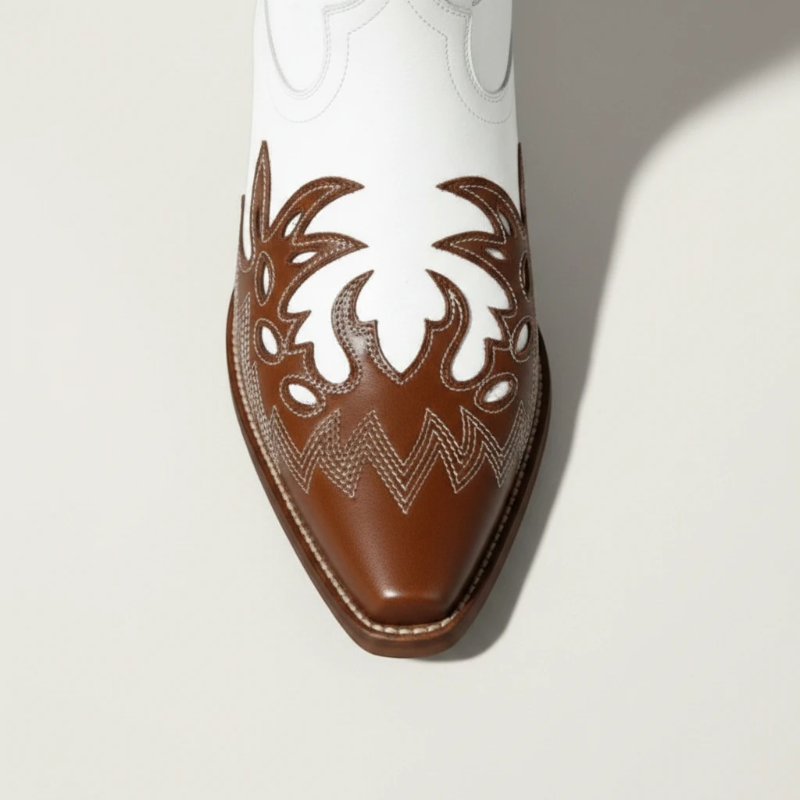 Yehaw PEARL mid-calf cowgirl boots in white and brown vegan leather with pointed toe and western embroidery