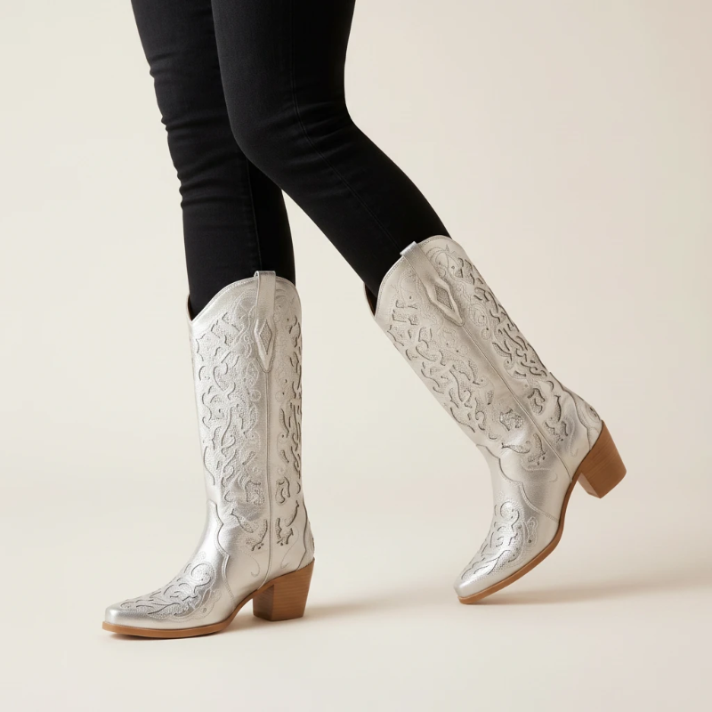 Yehaw Bernarda silver vegan leather mid-calf cowgirl boots with intricate embroidery and a pointed toe