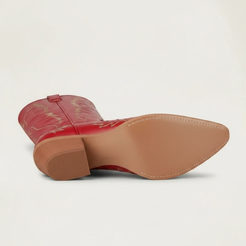 Yehaw red vegan leather mid-calf cowgirl boots with pointed toe and white stitching detail.