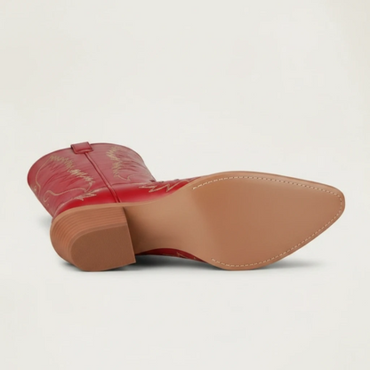 Yehaw red vegan leather mid-calf cowgirl boots with pointed toe and white stitching detail.