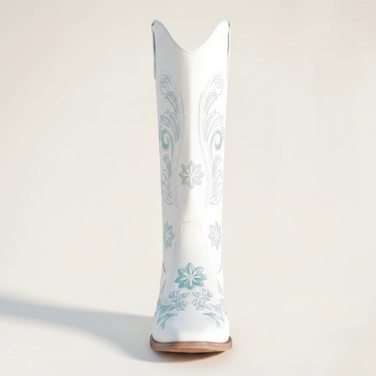 Yehaw ADRIANA white vegan suede mid-calf cowgirl boots with light blue floral embroidery and a medium block heel.