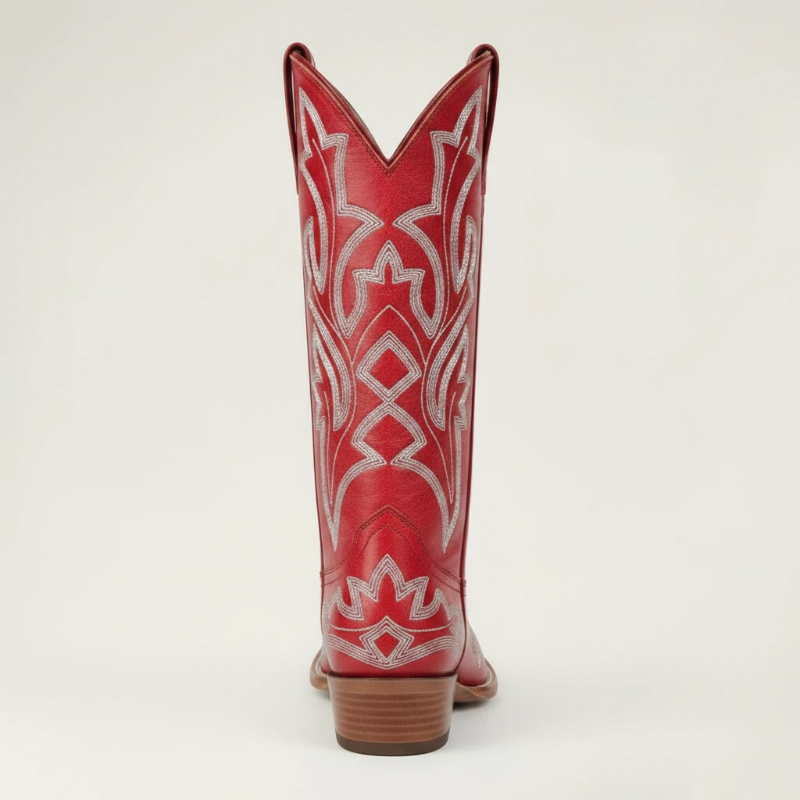Yehaw red vegan leather mid-calf cowgirl boots with intricate white western embroidery and a medium block heel.