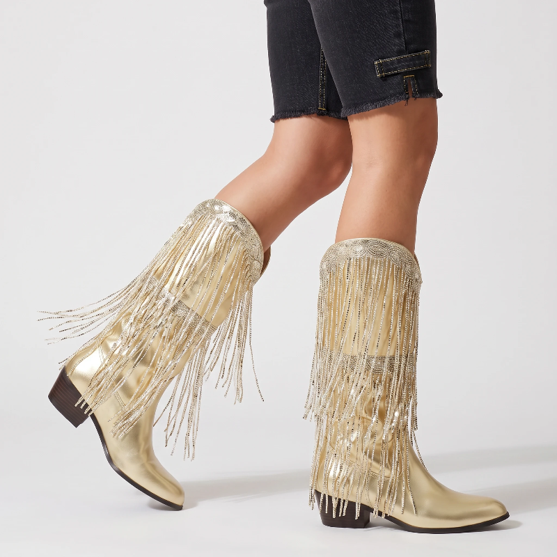 Yehaw TAMMIE gold vegan microfibre mid-calf cowgirl boots with decorative metallic fringe and a pointed toe.