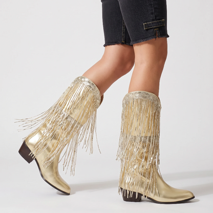 Yehaw TAMMIE gold vegan microfibre mid-calf cowgirl boots with decorative metallic fringe and a pointed toe.