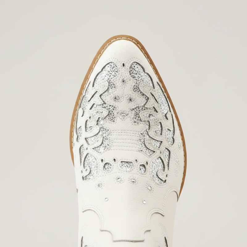 Yehaw BERNARDA beige vegan leather mid-calf cowgirl boots with silver glitter cutout details and a pointed toe.