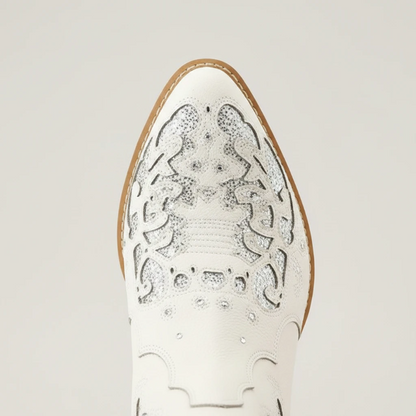 Yehaw BERNARDA beige vegan leather mid-calf cowgirl boots with silver glitter cutout details and a pointed toe.