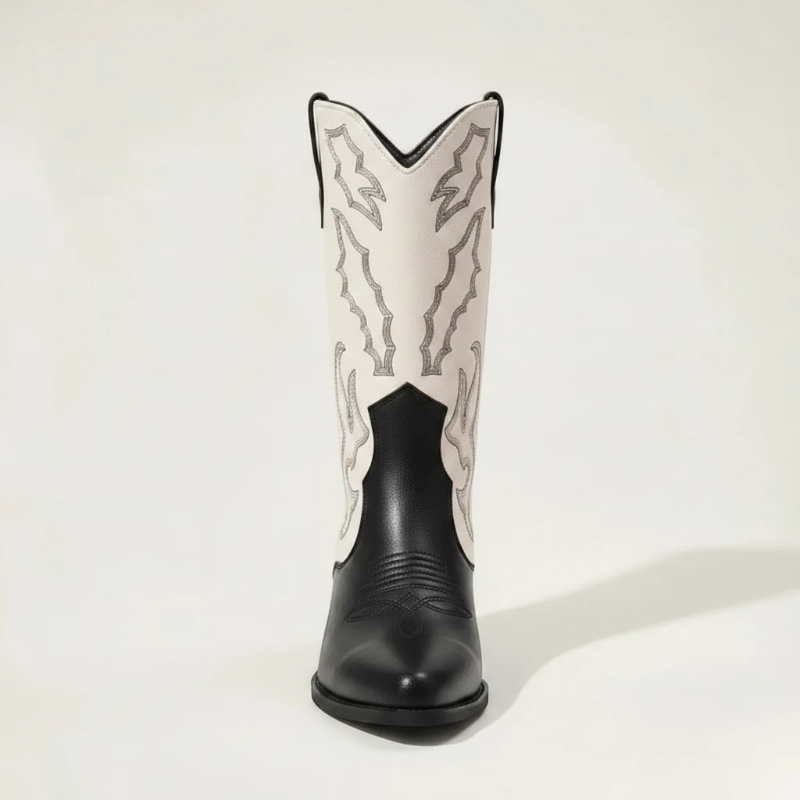 Yehaw DANIELA mid-calf vegan leather cowgirl boots in black and white with pointed toe and western embroidery