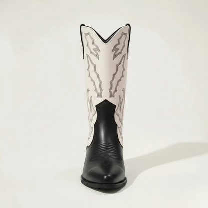 Yehaw DANIELA mid-calf vegan leather cowgirl boots in black and white with pointed toe and western embroidery