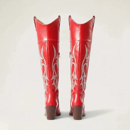 Yehaw BEATRICE red knee-high vegan leather cowgirl boots with white western embroidery and a pointed toe.
