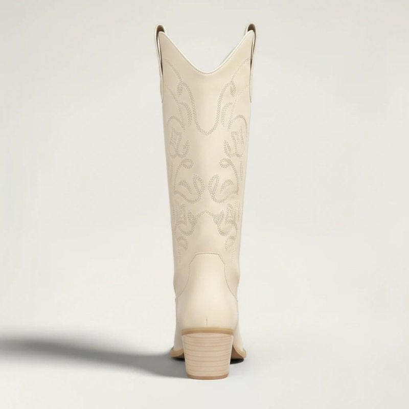Yehaw beige vegan leather mid-calf cowgirl boots with pointed toe and western embroidery details