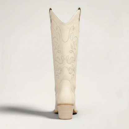 Yehaw beige vegan leather mid-calf cowgirl boots with pointed toe and western embroidery details