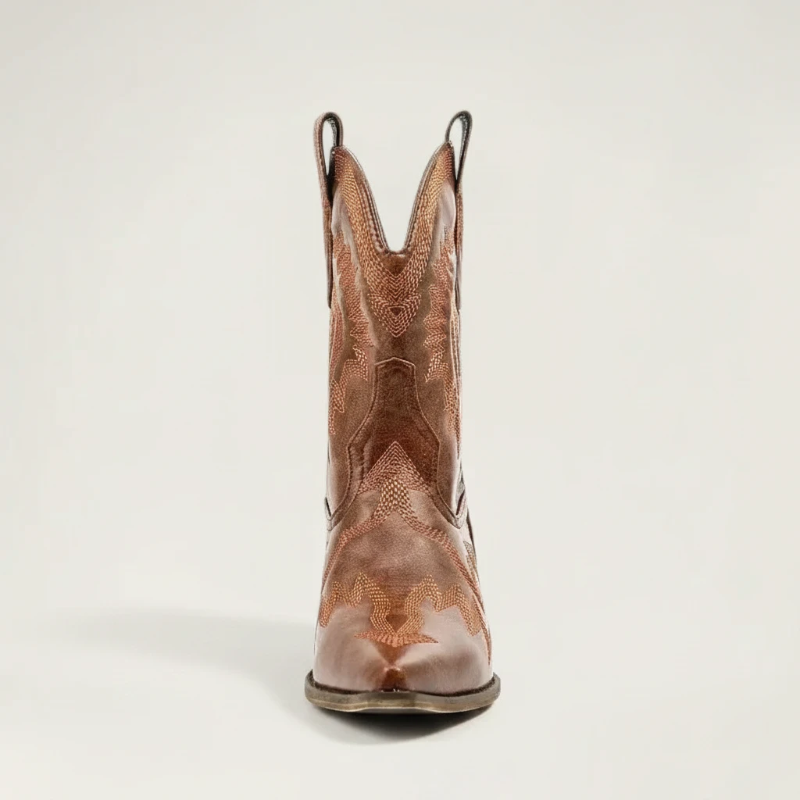 Yehaw brown vegan leather ankle cowboy boots with pointed toe, high heel, and decorative western stitching