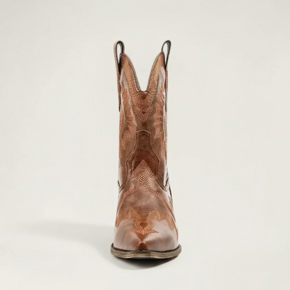 Yehaw brown vegan leather ankle cowboy boots with pointed toe, high heel, and decorative western stitching
