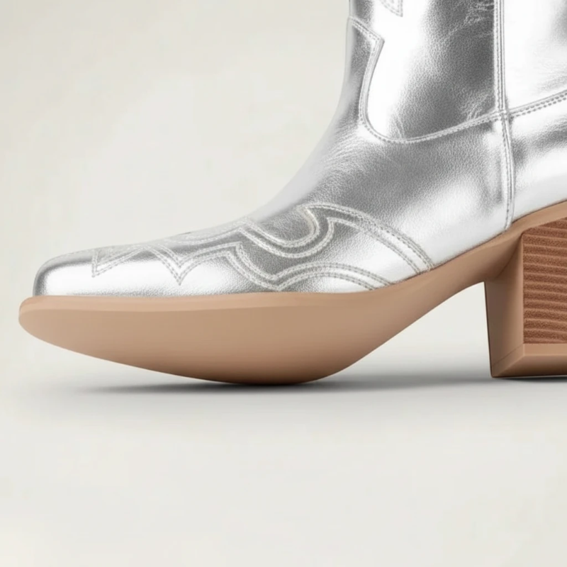 Yehaw VIOLET silver vegan microfibre mid-calf cowgirl boots with pointed toe and high block heel