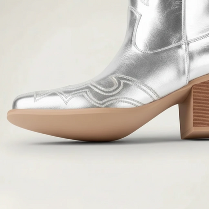 Yehaw VIOLET silver vegan microfibre mid-calf cowgirl boots with pointed toe and high block heel