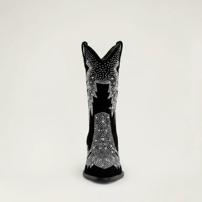 Yehaw BESSIE black vegan suede mid-calf cowgirl boots with pointed toes and silver rhinestone western patterns