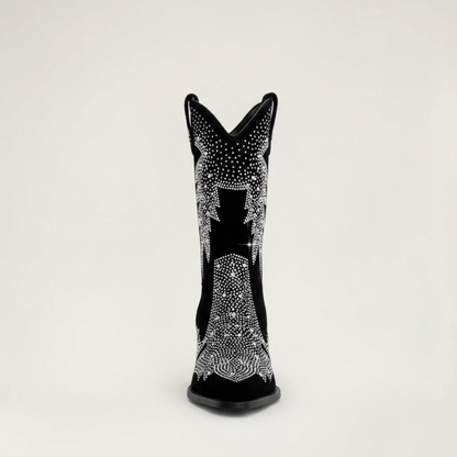 Yehaw BESSIE black vegan suede mid-calf cowgirl boots with pointed toes and silver rhinestone western patterns