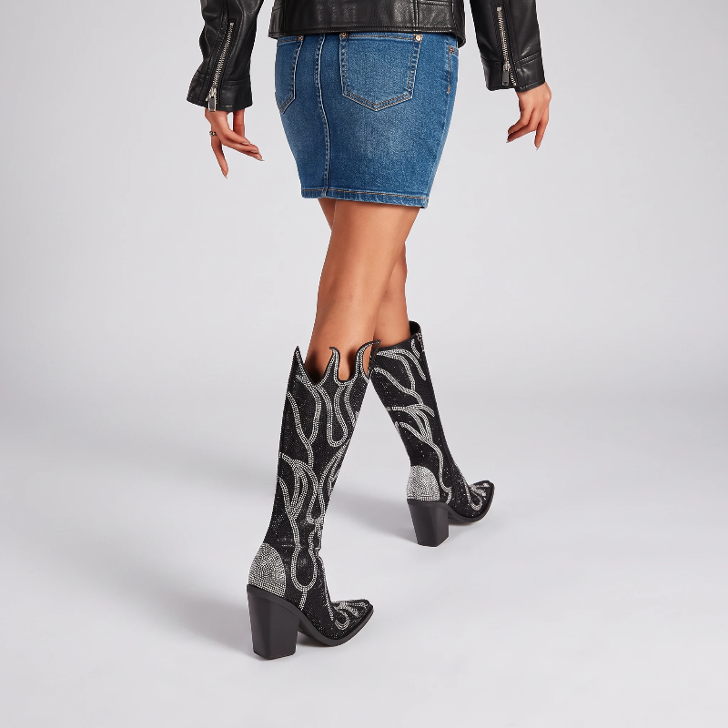 Yehaw MARLOWE black knee-high vegan microfibre cowgirl boots with silver rhinestone flame patterns and square toe.