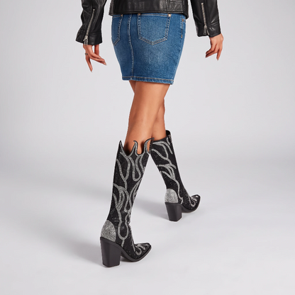 Yehaw MARLOWE black knee-high vegan microfibre cowgirl boots with silver rhinestone flame patterns and square toe.