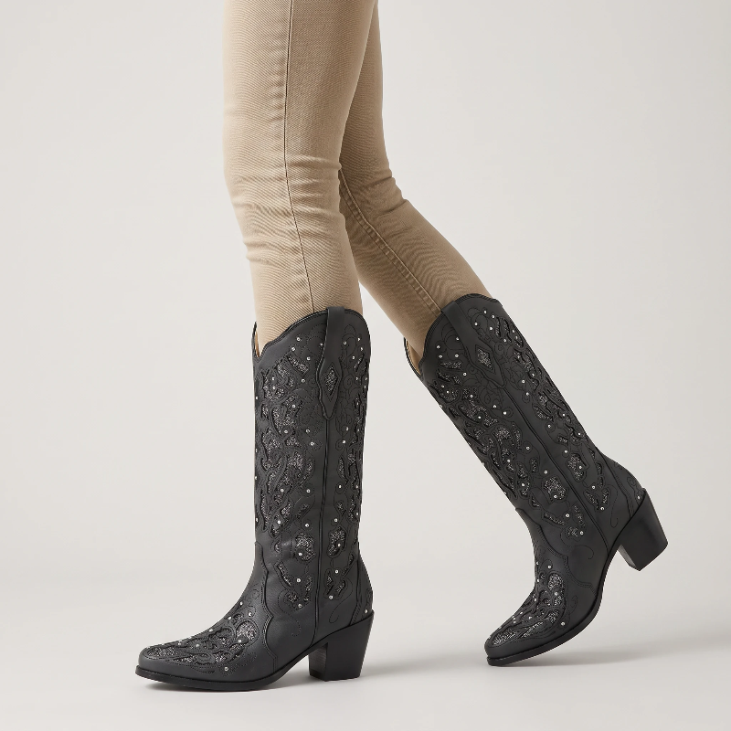 Yehaw BERNARDA black vegan leather mid-calf cowgirl boots with intricate embroidery and sparkling rhinestone details.