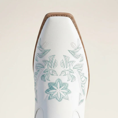 Yehaw ADRIANA white vegan suede mid-calf cowgirl boots with light blue floral embroidery and a medium block heel.