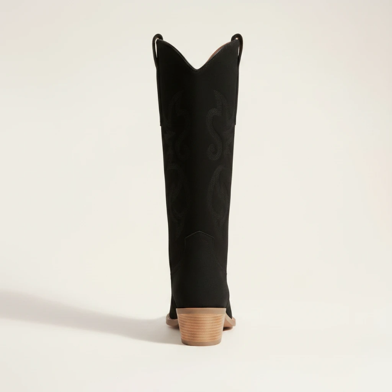 Yehaw Antonia black vegan suede mid-calf cowgirl boots with round toe and medium heel