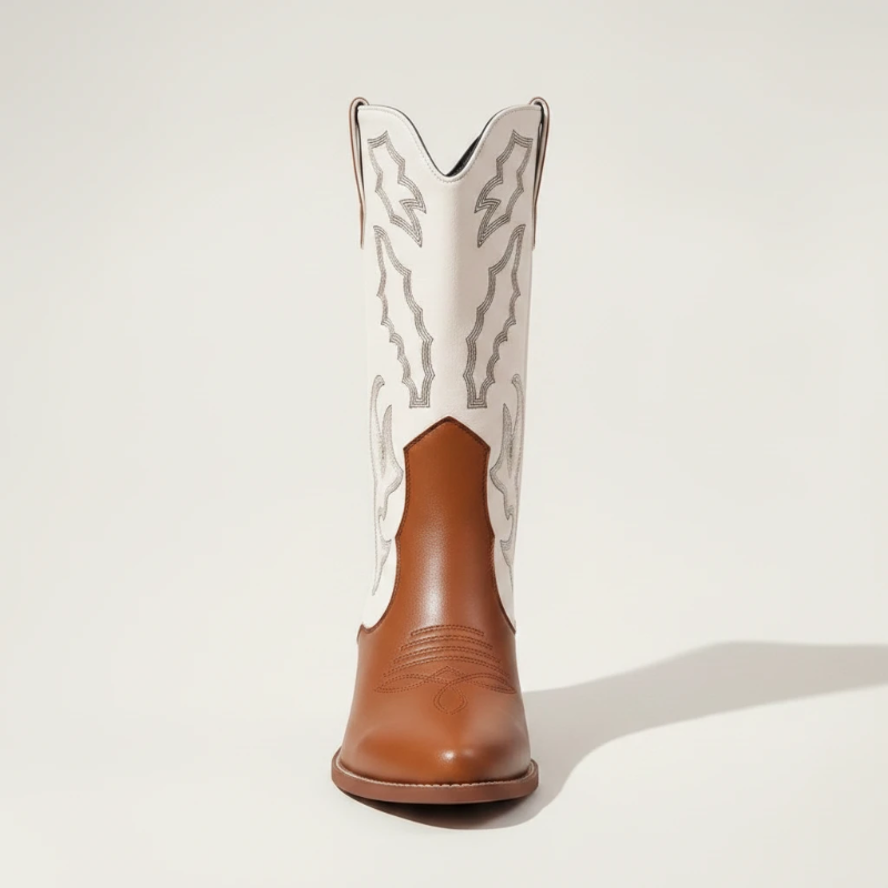 Yehaw DANIELA mid-calf cowgirl boots in brown and white vegan leather with pointed toe and western embroidery