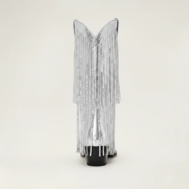 Yehaw TAMMIE silver vegan leather mid-calf cowgirl boots with pointed toe and decorative metallic fringe detailing