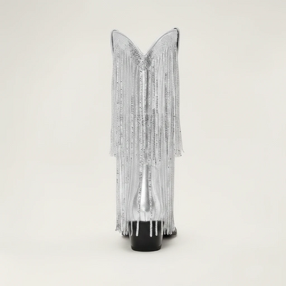 Yehaw TAMMIE silver vegan leather mid-calf cowgirl boots with pointed toe and decorative metallic fringe detailing