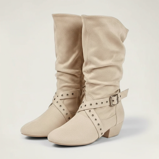 Yehaw JOSIE beige vegan suede mid-calf cowgirl boots with a low heel, round toe, and decorative buckled strap detail.